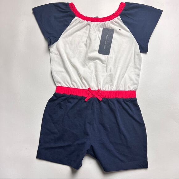Tommy Hilfiger Girls Logo Red White Blue Short Sleeve Drawstring Romper Sz 4-6x - Picture 10 of 13